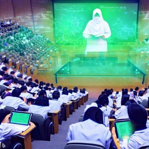 bing Prompt: hundred of students taking notes on tablets in a huge lecture hall, lady lecturer in a lab coat is delivering a pharmacy lecture in the middle, the Asian muslim lecturer in hologram facing the students, the board shows drug chemical structures, futuristic scene, pinewood lecture hall, bright light, green chairs, welcoming and friendly atmosphere.